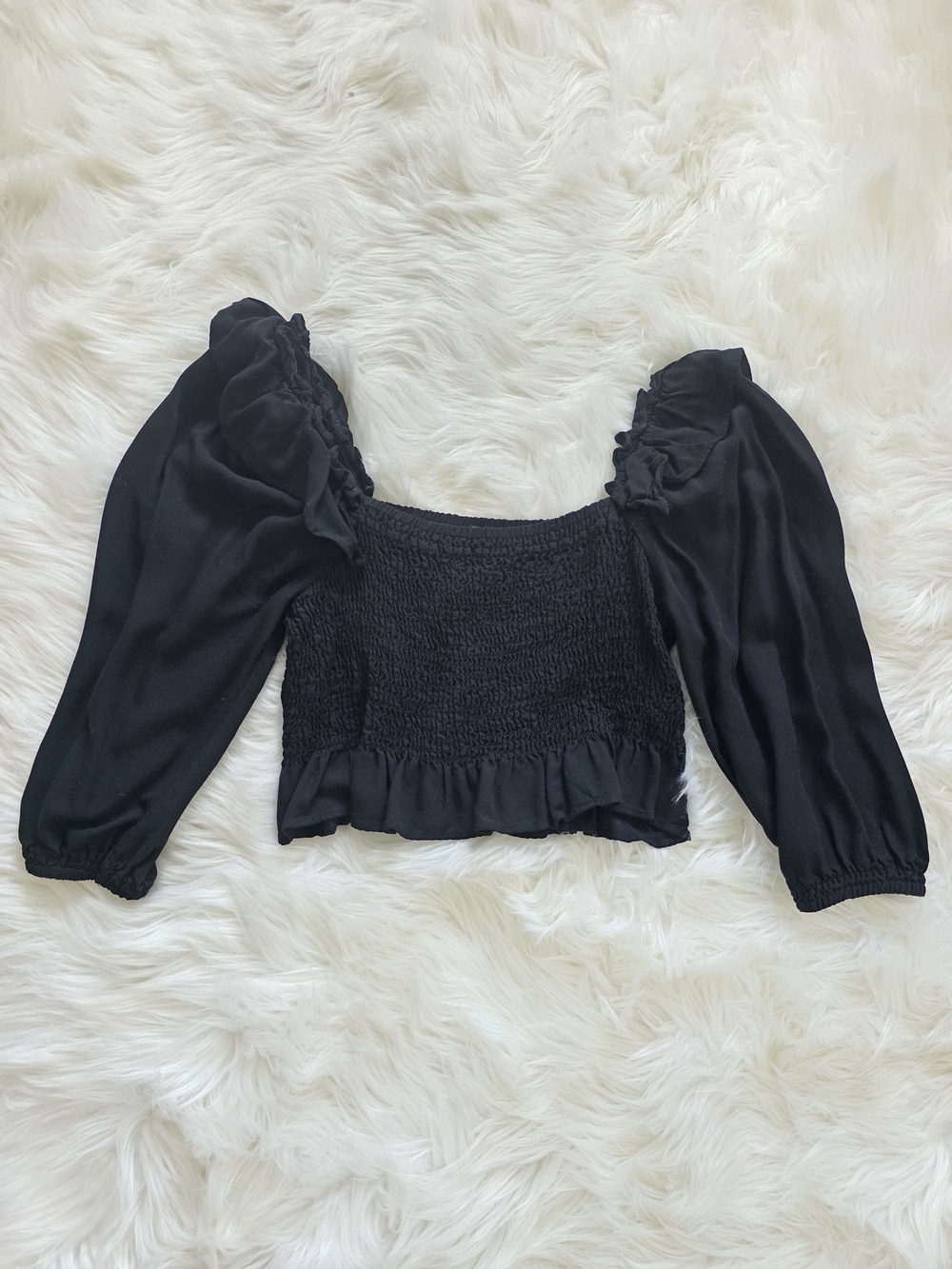 Zara Black Smocked Puff-Sleeve Crop Top